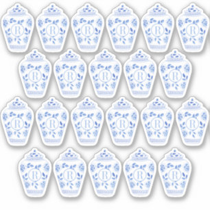 Sticker Pot à gingembre bleu et blanc monogrammé Preppy