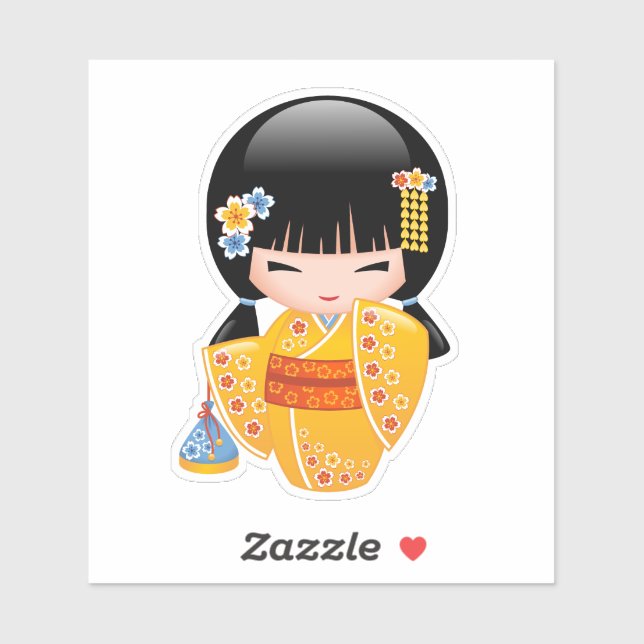 Sticker Poupée d'été Kokeshi - Kimono Jaune Geisha Girl (Feuille)