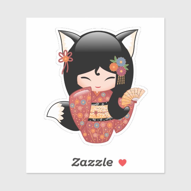 Sticker Poupée Kitsune Kokeshi - Black Fox Geisha Girl (Feuille)