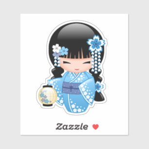 Sticker Poupée Kokeshi d'hiver - Blue Kimono Geisha Girl