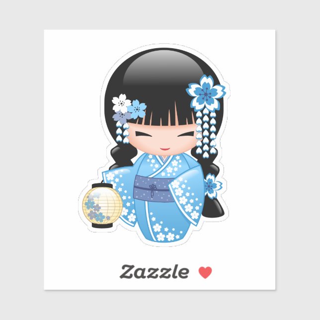 Sticker Poupée Kokeshi d'hiver - Blue Kimono Geisha Girl (Feuille)