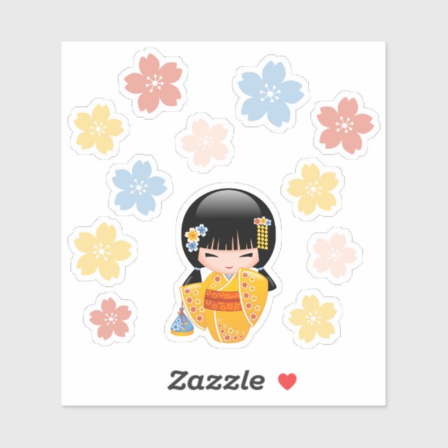 Sticker Poupée Kokeshi été - Cute Kimono Geisha Girl (Feuille)