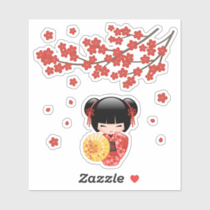 Sticker Poupée Kokeshi Sakura Rouge - Geisha Japonaise