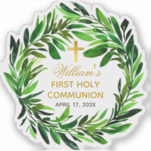 Sticker Première Communion Green Wreath & Faux Gold Cross