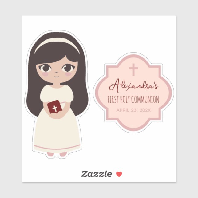 Sticker Première communion mignonne Brunette fille en robe (Feuille)