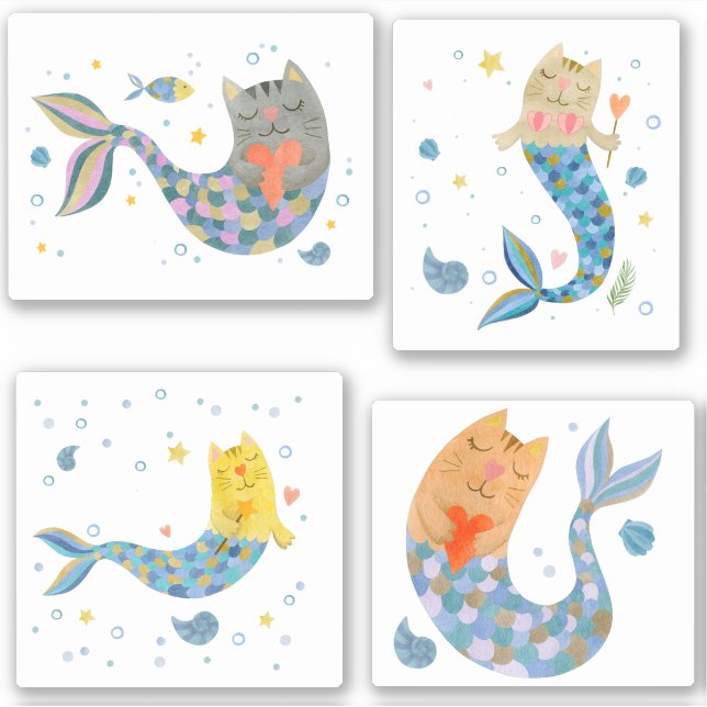 Sticker Purrmaid chat sirène aquarelle fille collant pack (Devant)