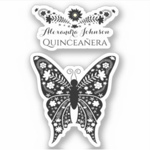 Sticker Quinceanera Boho Papillon noir et blanc Nom