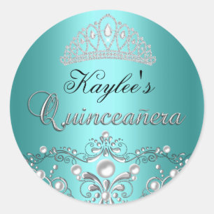 Sticker Quinceanera en argent et Turquoise Damask