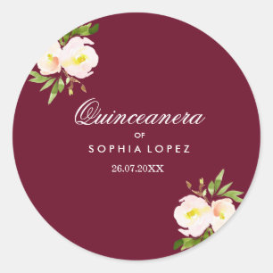 Sticker Quinceanera Floral Élégant de Bourgogne