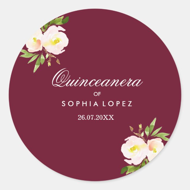 Sticker Quinceanera Floral Élégant de Bourgogne (Devant)