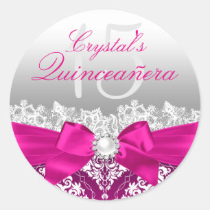 Sticker Quinceanera Hot Pink Damask & Pearl Bow