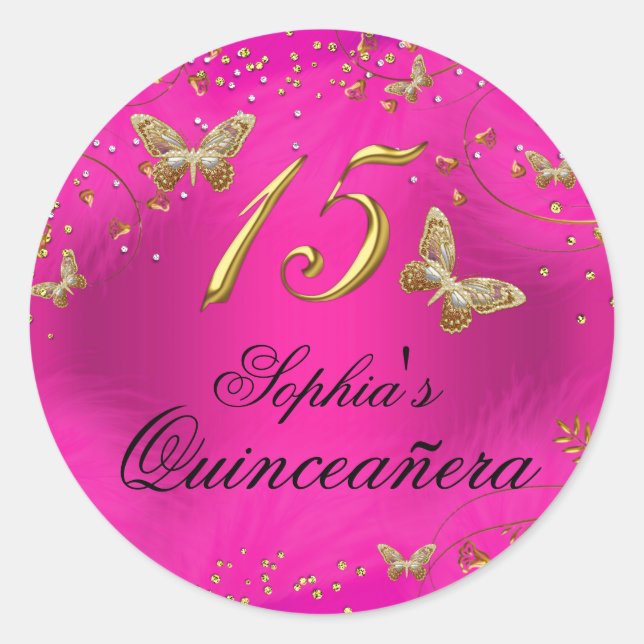 Sticker Quinceanera pour papillon rose et or (Devant)