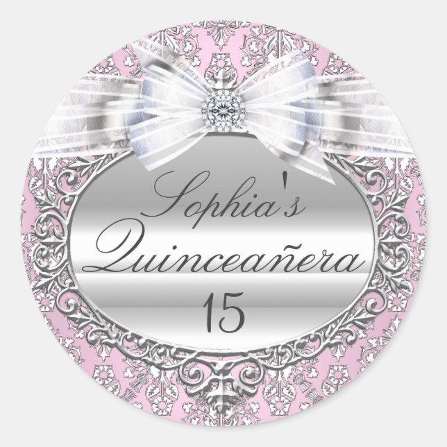 Sticker Quinceanera Rose & Argent Bow (Devant)