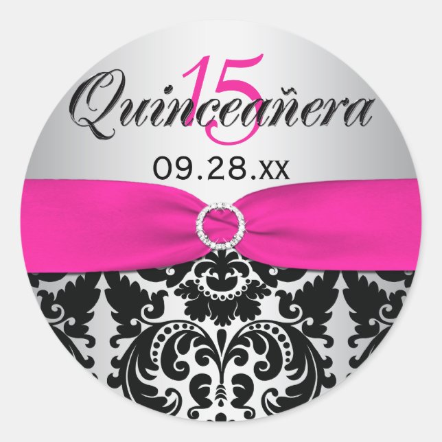 Sticker Quinceanera rose, Argent, Noir Damas (Devant)