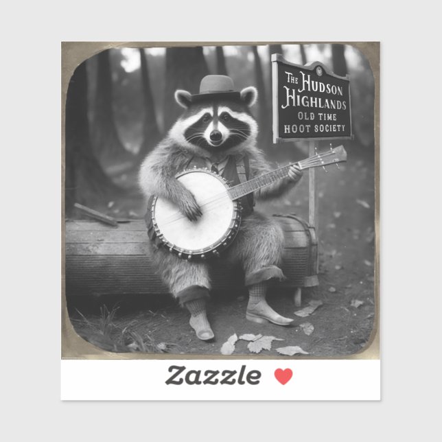 Sticker Raccoon Jouer Banjo avec cadre or. (Feuille)
