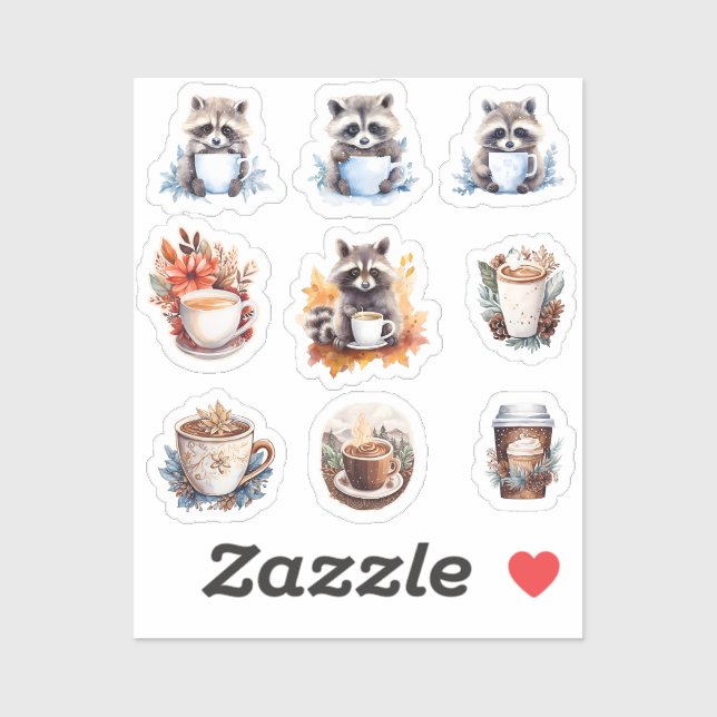 Sticker Raccoons et café hiver confortable (Feuille)