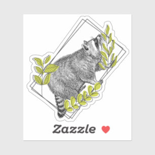Sticker Raton laveur curieux et feuillage vert citron - Gr