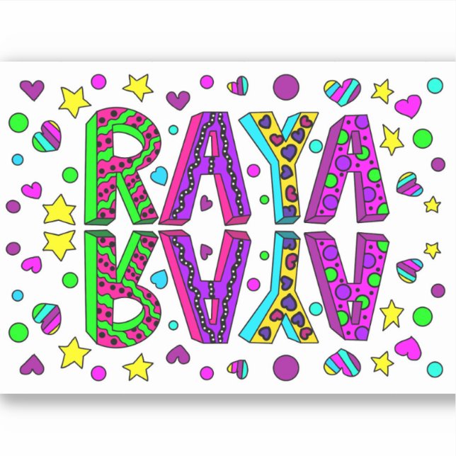 Sticker Raya, nom Raya Main dessiné Style Whimsical (Devant)