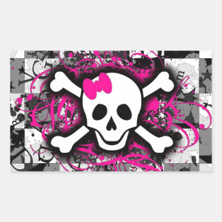 Sticker Rectangulaire à damiers Crâne avec éclaboussure rose