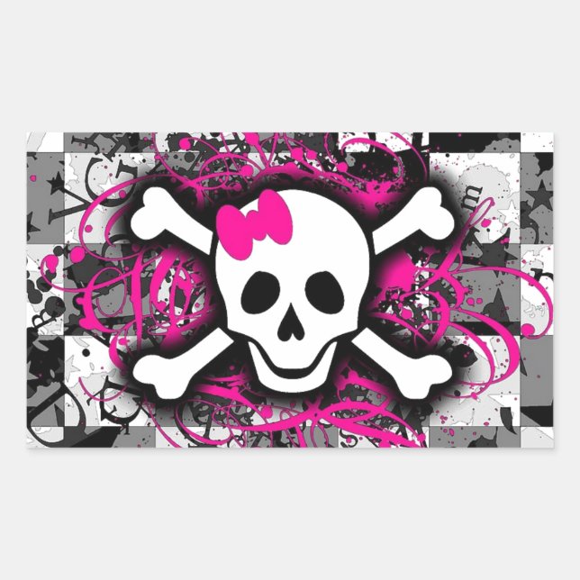 Sticker Rectangulaire à damiers Crâne avec éclaboussure rose (Devant)