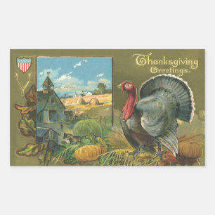 Sticker Rectangulaire Action de grâce vintage, dinde à la ferme