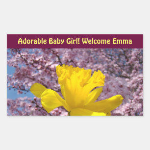 Sticker Rectangulaire Adorable Bébé Fille! Bienvenue Bébé Nom Printemps