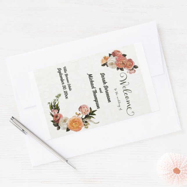 Sticker Rectangulaire Affiche de bienvenue mariage Florale personnalisée (Enveloppe)