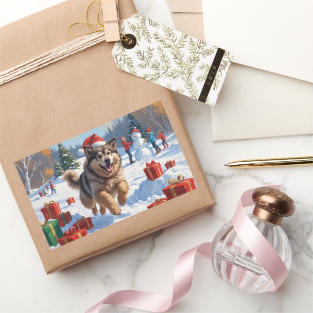 Sticker Rectangulaire Alaskan Malamute Noël Festive Scène de neige (Cadeaux)