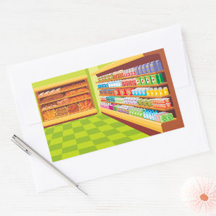 Sticker Rectangulaire Allée de supermarché et boulangerie colorées