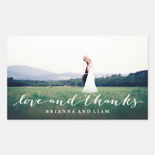 Sticker Rectangulaire Amour et Merci Simple Script Full Bleed Photo (Devant)