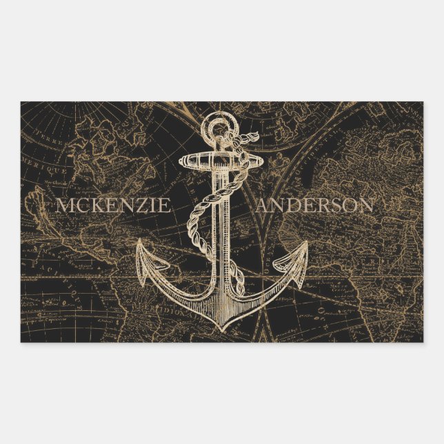Sticker Rectangulaire Ancien Monde Ancre nautique Monogramme Noir (Devant)