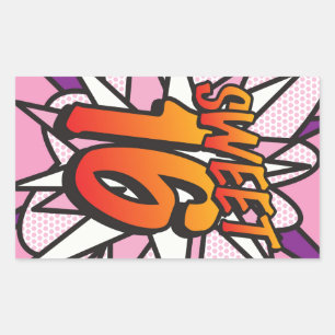 Sticker Rectangulaire Anniversaire SWEET 16 Livre de Bande Dessinée Rétr