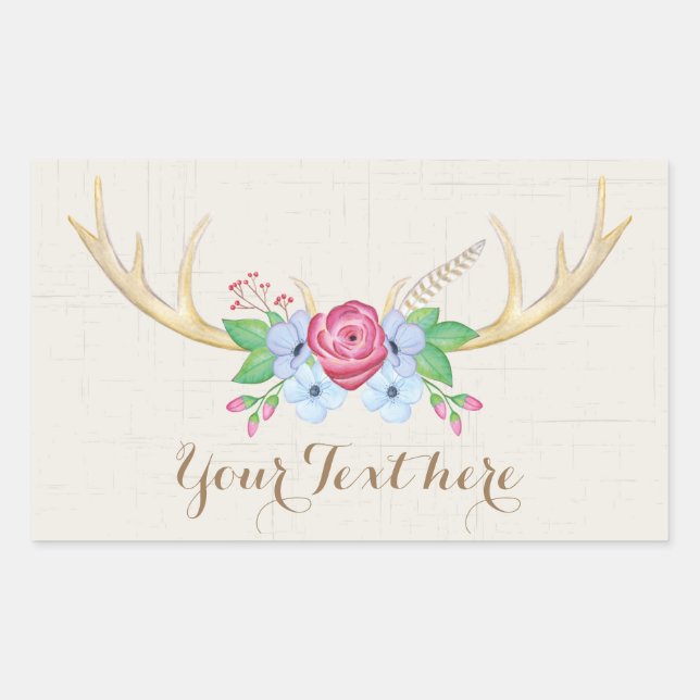 Sticker Rectangulaire Antennes de cerfs à aquarelle rustique avec fleurs (Devant)