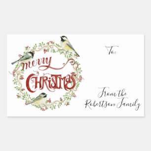 Sticker Rectangulaire Aquarelle Chickadee Birds Joyeux Noël Wreath