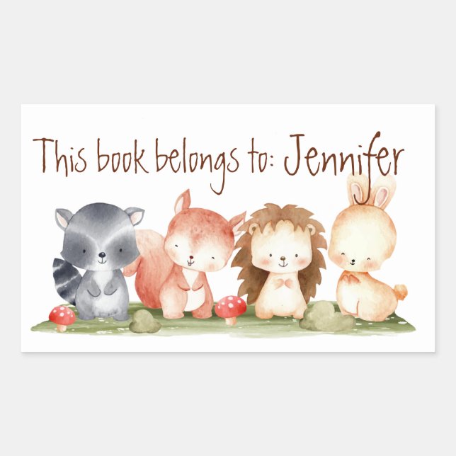 Sticker Rectangulaire Aquarelle Cute Woodland Animaux Cartoon Art (Devant)