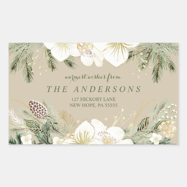 Sticker Rectangulaire Aquarelle Florale Noël Adresse de retour (Devant)