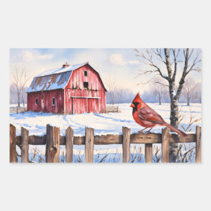 Sticker Rectangulaire Aquarelle Grange rouge et hiver cardinal