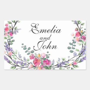 Sticker Rectangulaire Aquarelle Lavande rose Rose sauvage et Eucalyptus