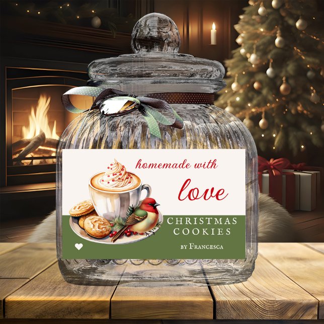 Sticker Rectangulaire Aquarelle Oiseau Cute Cookies de Noël (Festive Christmas cookies label featuring a watercolor cappuccino with cute bird and cookies)