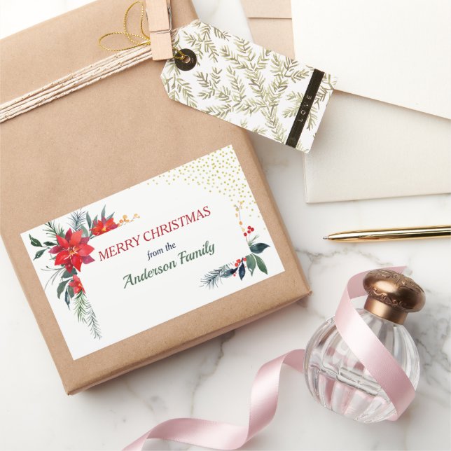 Sticker Rectangulaire Aquarelle Poinsettia Fleur Holly Noël (Cadeaux)