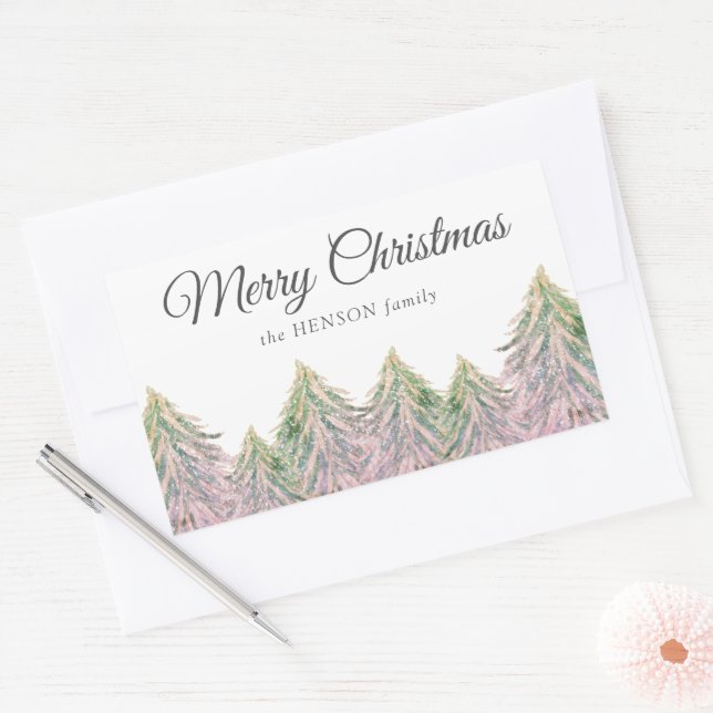 Sticker Rectangulaire Aquarelle rose Arbres Forêt Noël Artistique Re (Enveloppe)