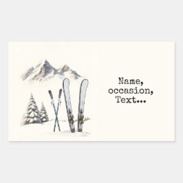 Sticker Rectangulaire Aquarelle rustique Ski neige montagne hiver