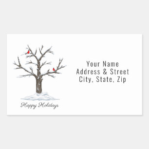 Sticker Rectangulaire Arbre À Neige Et Oiseaux Rouges Noël Joyeux Fêtes