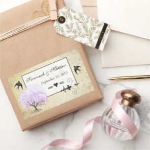 Sticker Rectangulaire Arbre de lavande à feuilles de cœur Mariage oiseau