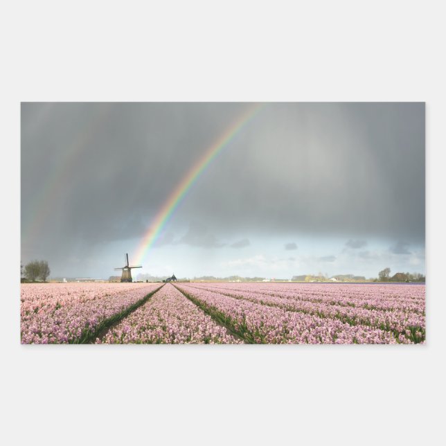 Sticker Rectangulaire Arc-en-ciel sur les hyacinthes et un moulin à vent (Devant)