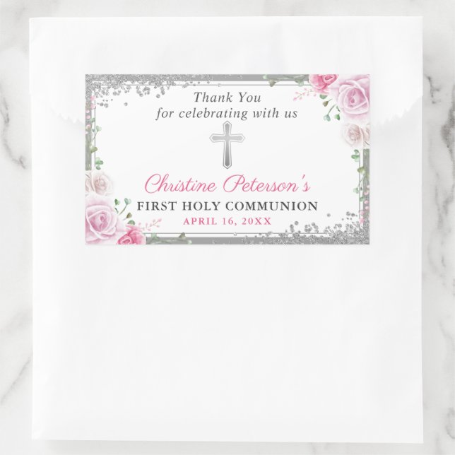 Sticker Rectangulaire Argent rose Floral Premier Saint Communion Merci (Sac)