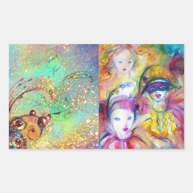 STICKER RECTANGULAIRE ARLECCHINO PIERO ET COLOMBINA MASQUERADE PARTI (Devant)