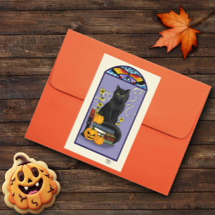 Sticker Rectangulaire Art Nouveau Chat Noir Citrouille Violet Automne Ja