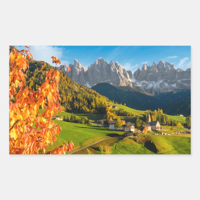 Sticker Rectangulaire Automne dans un paysage de Dolomites avec église (Devant)