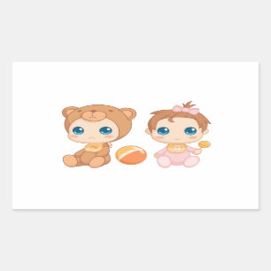 Sticker Rectangulaire Baby Girl Twins Bear Jumpsuit